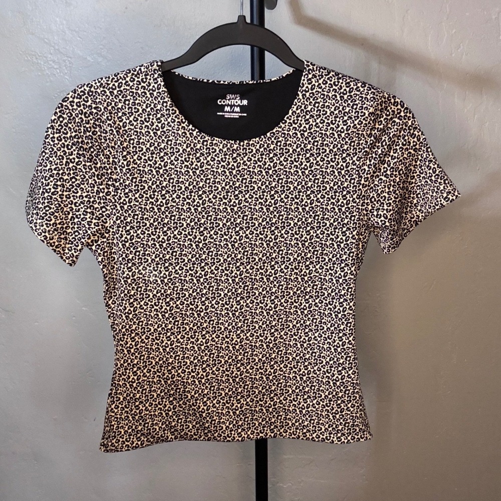 SWS Contour Leopard Print Short Sleeve Double Layer Crew Neck Top Tan Black M